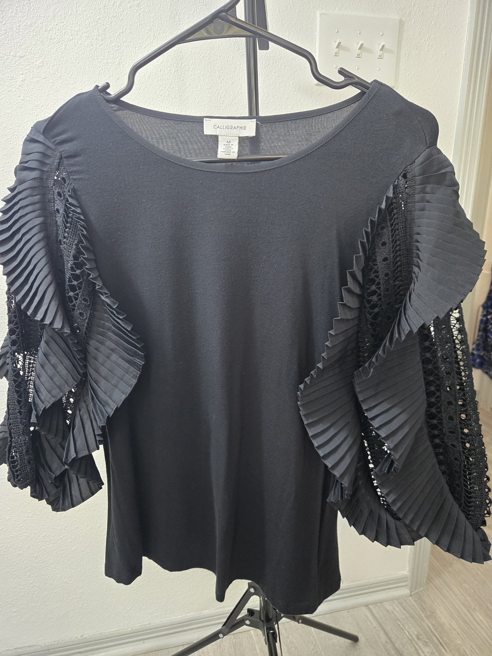 Calligraphie Black Pleated Lace Sleeve Blouse